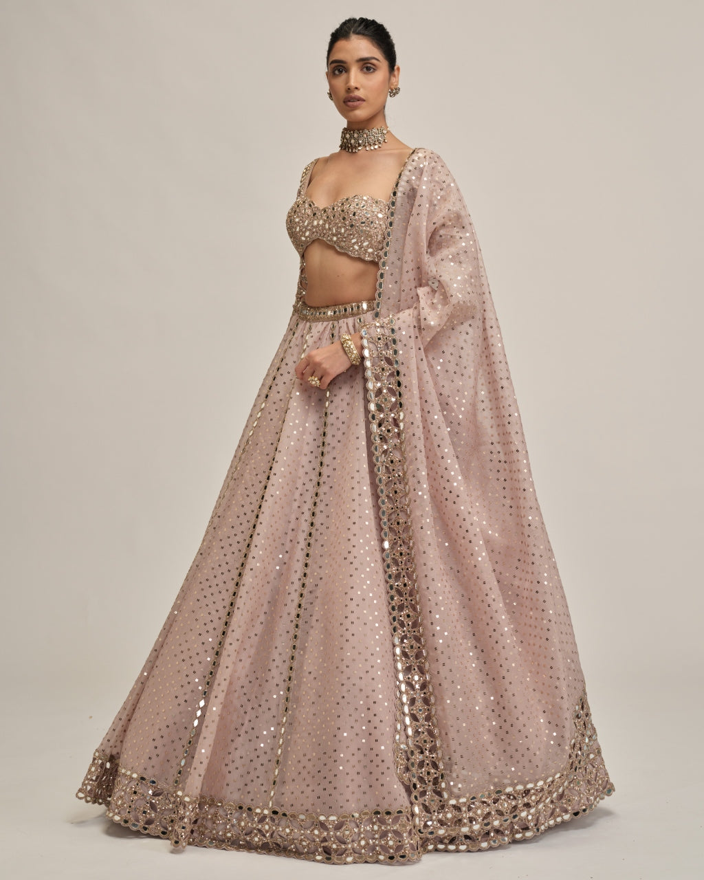 Ash Pink Cutwork Sleeve Lehenga Set
