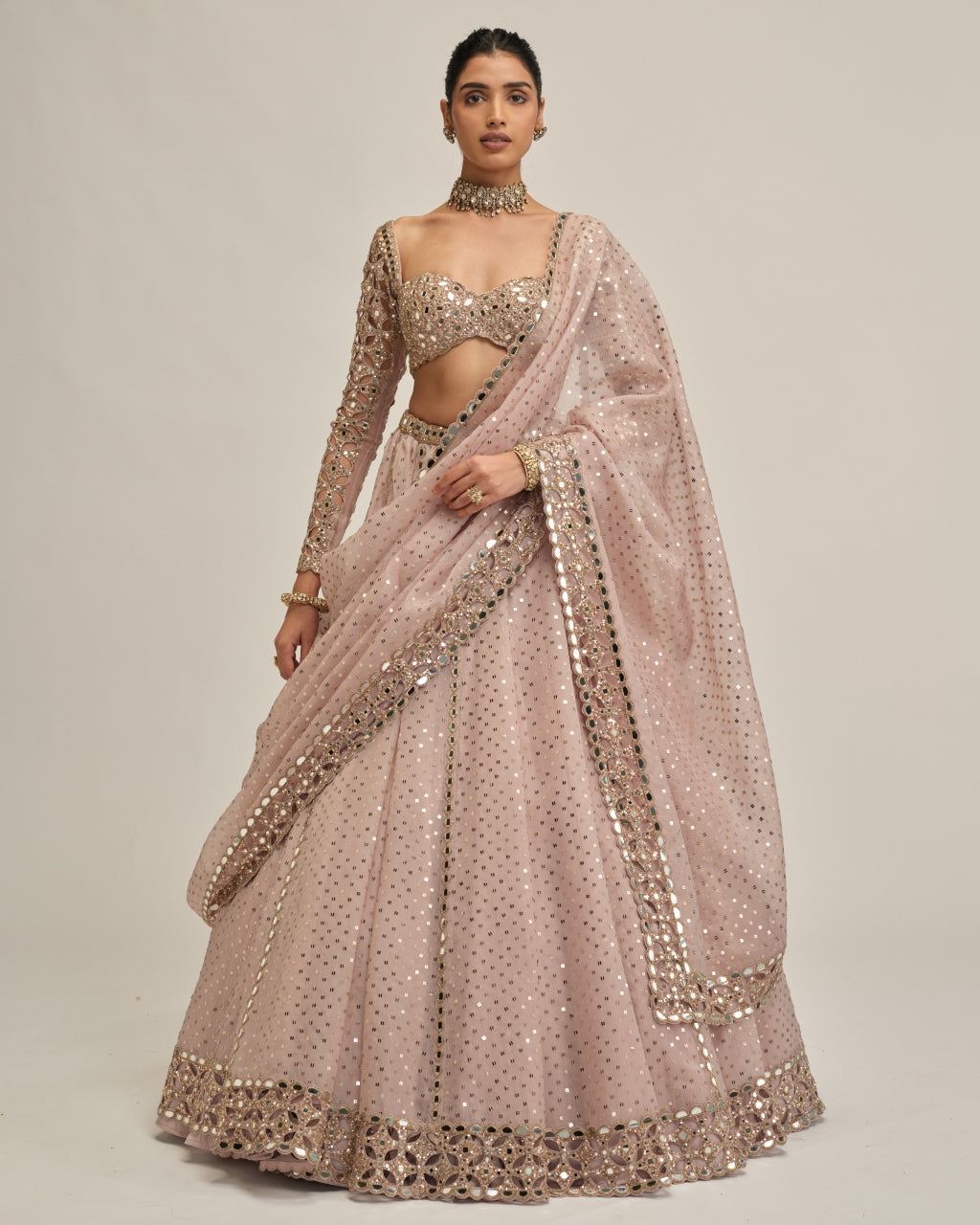Ash Pink Cutwork Sleeve Lehenga Set