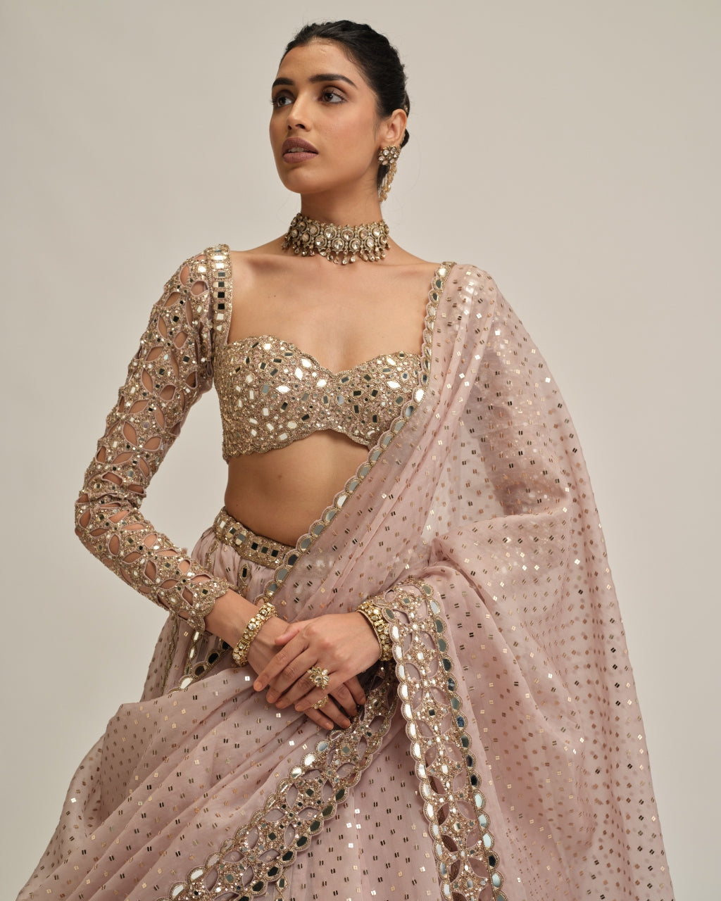 Ash Pink Cutwork Sleeve Lehenga Set