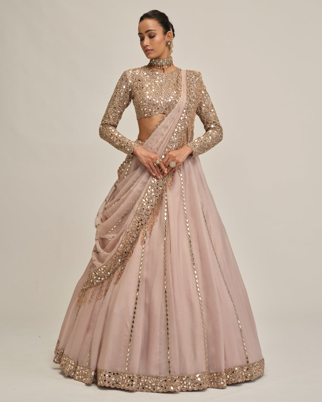 Ash Pink Full Sleeve Lehenga Set