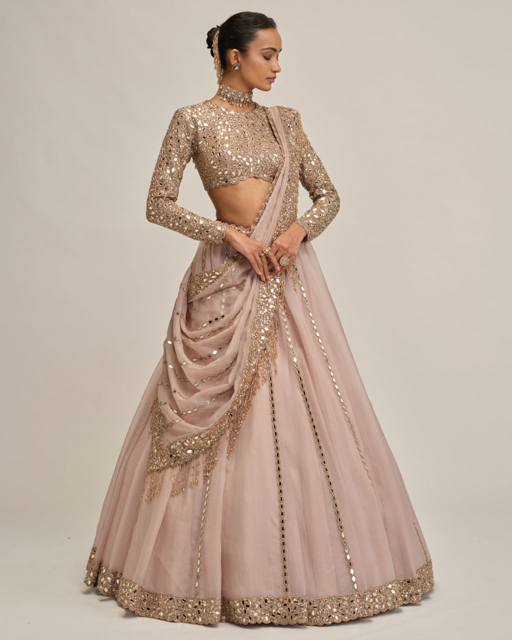 Ash Pink Full Sleeve Lehenga Set