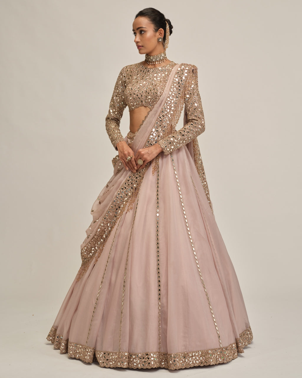 Ash Pink Full Sleeve Lehenga Set