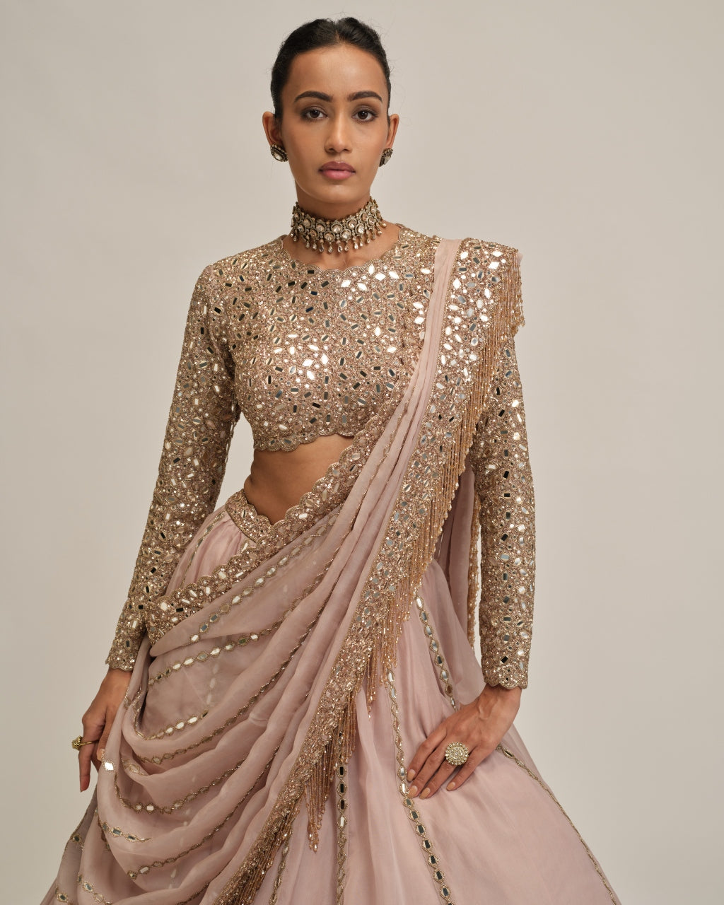 Ash Pink Full Sleeve Lehenga Set