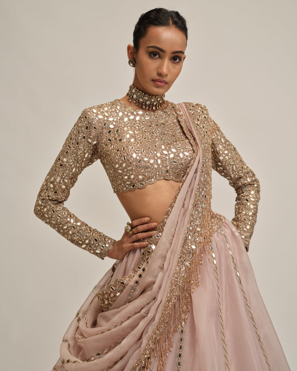 Ash Pink Full Sleeve Lehenga Set