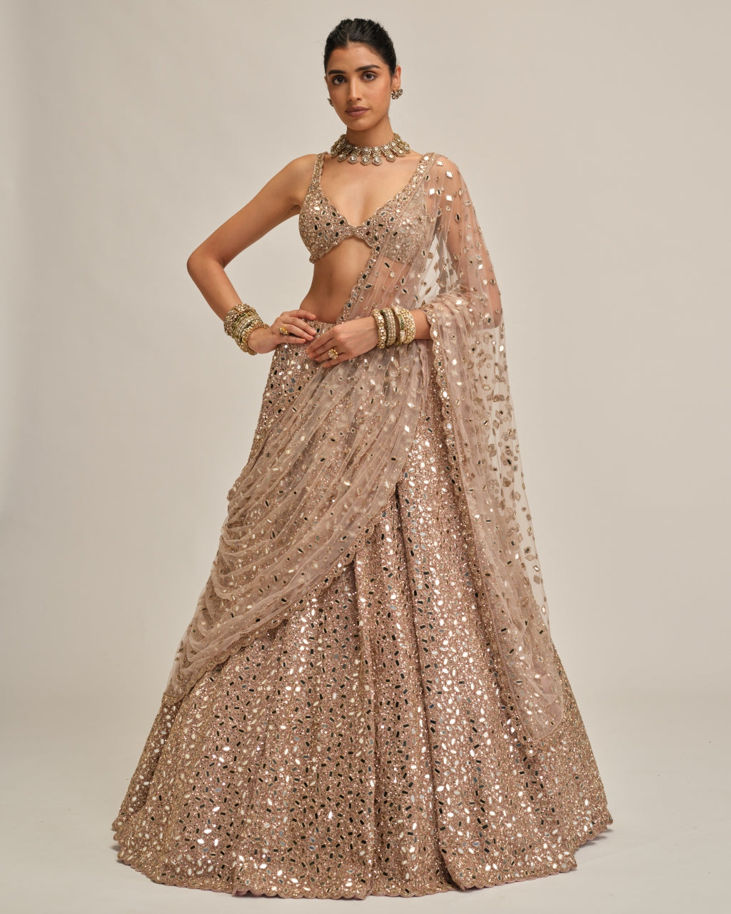 Ash Pink Mirror Embroidered Lehenga Set