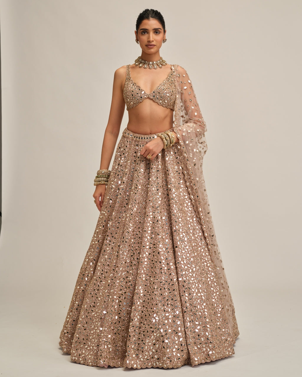 Ash Pink Mirror Embroidered Lehenga Set