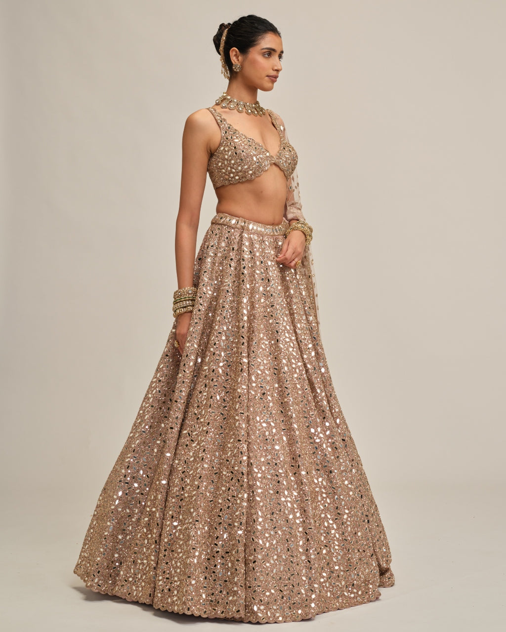 Ash Pink Mirror Embroidered Lehenga Set