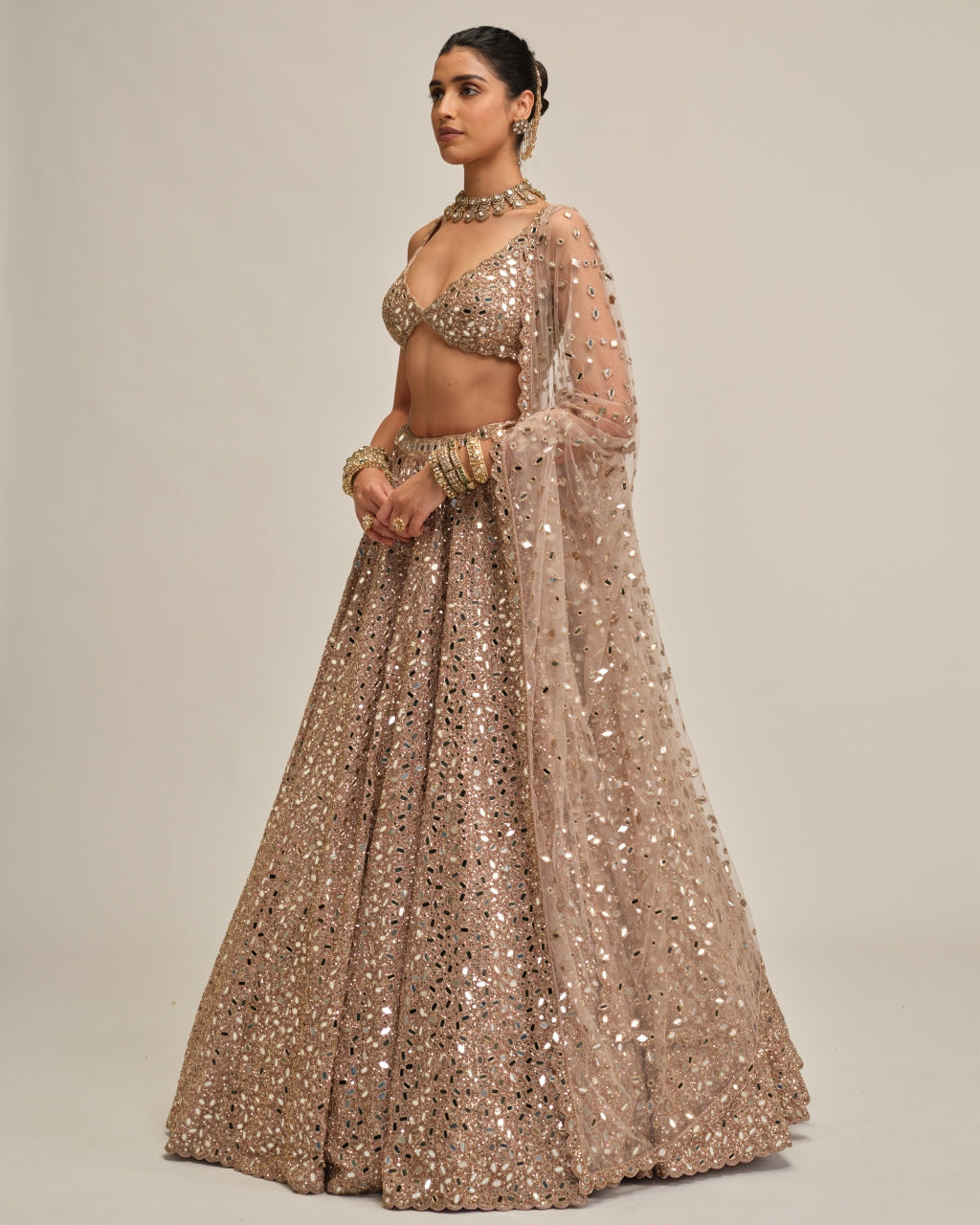 Ash Pink Mirror Embroidered Lehenga Set