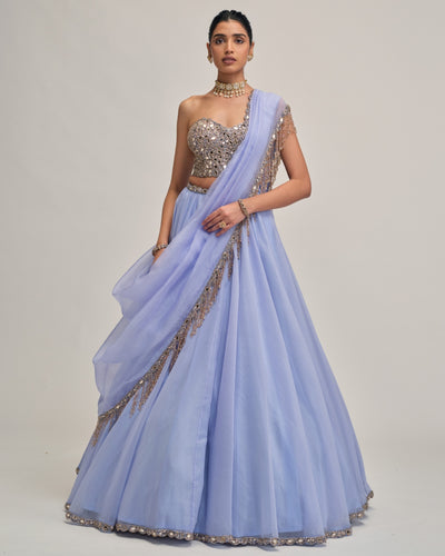 Dew Blue Organza Lehenga Set