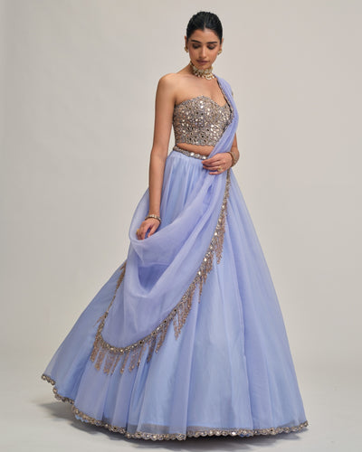 Dew Blue Organza Lehenga Set