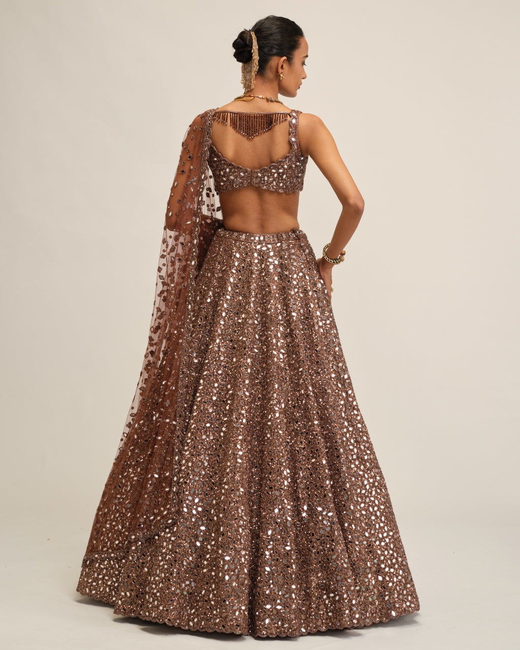 Deep Beige Mirror Embroidered Lehenga Set