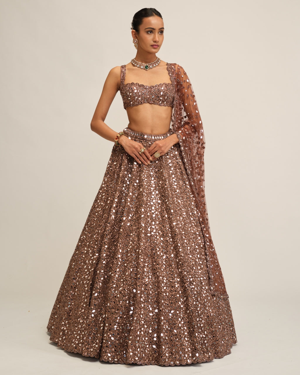Deep Beige Mirror Embroidered Lehenga Set