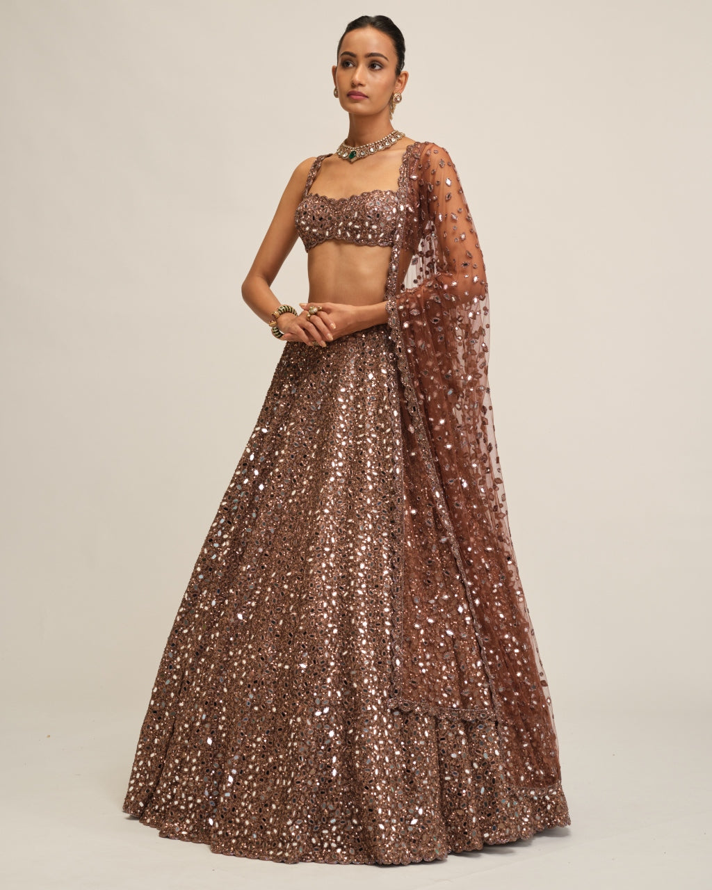 Deep Beige Mirror Embroidered Lehenga Set