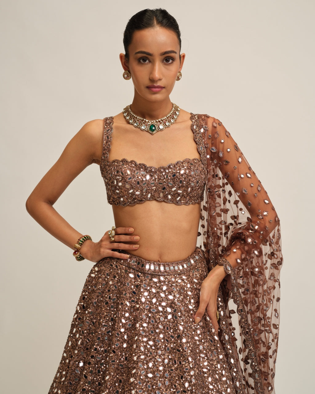 Deep Beige Mirror Embroidered Lehenga Set