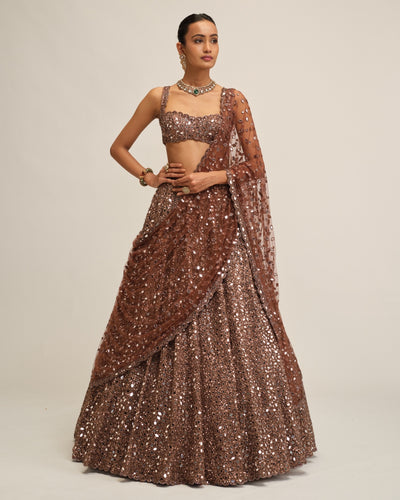 Deep Beige Mirror Embroidered Lehenga Set