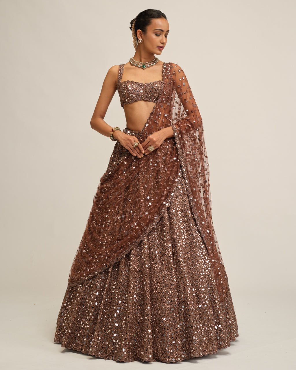Deep Beige Mirror Embroidered Lehenga Set