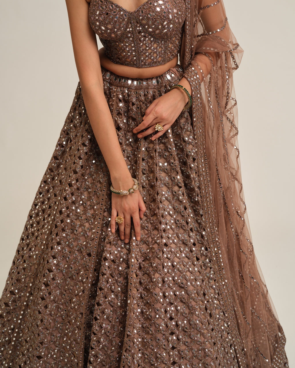 Deep Beige Flower Cutwork Lehenga Set