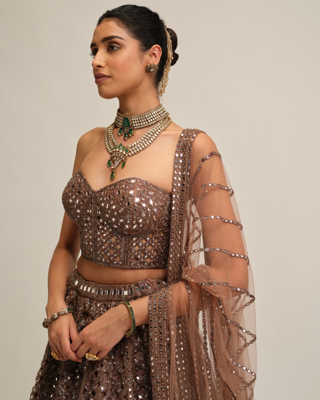 Deep Beige Flower Cutwork Lehenga Set