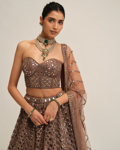 Deep Beige Flower Cutwork Lehenga Set
