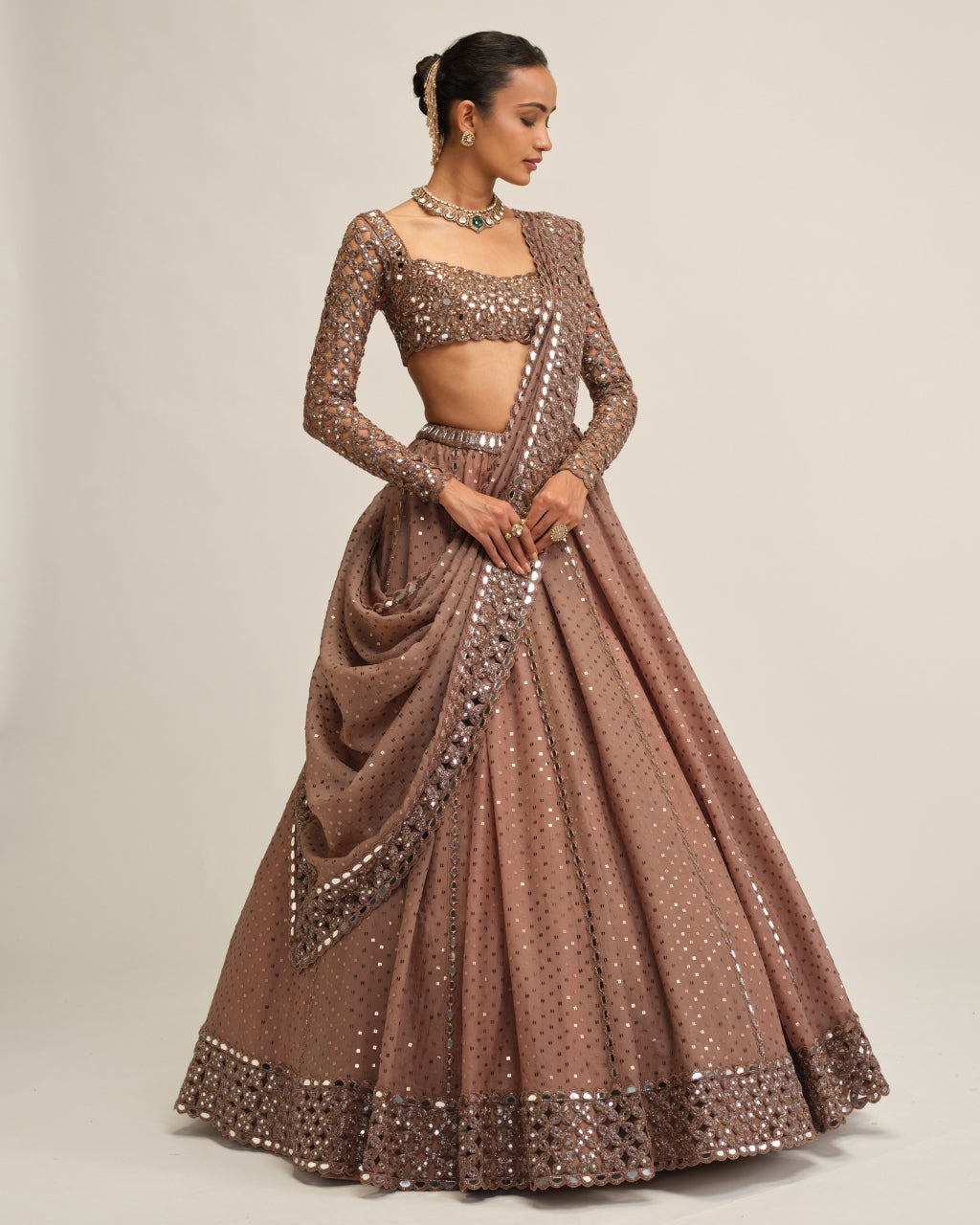 Deep Beige Sequins Embroidered Lehenga Set