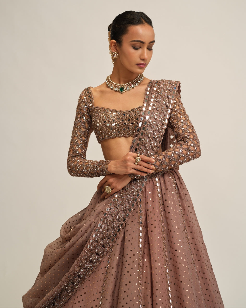 Deep Beige Sequins Embroidered Lehenga Set