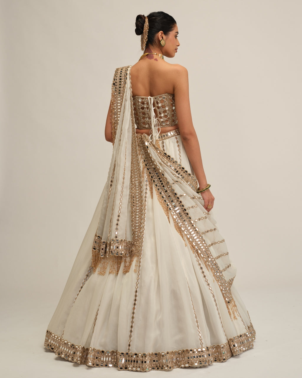 Off White Linear Lehenga With Corset Set