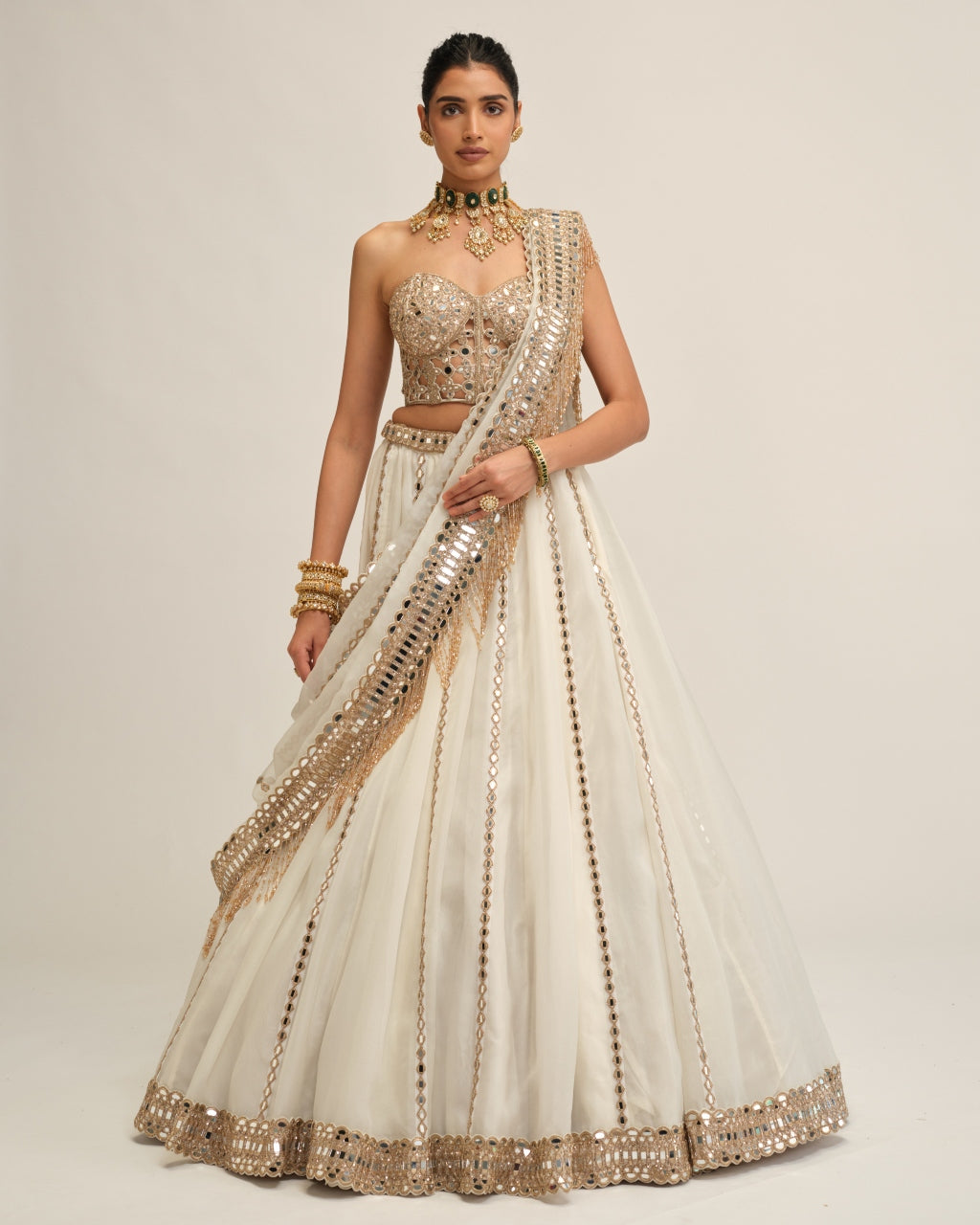 Off White Linear Lehenga With Corset Set