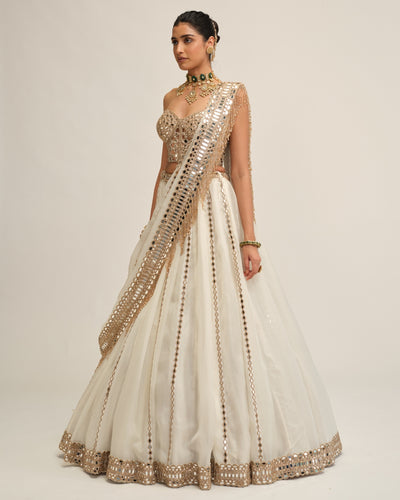 Off White Linear Lehenga With Corset Set