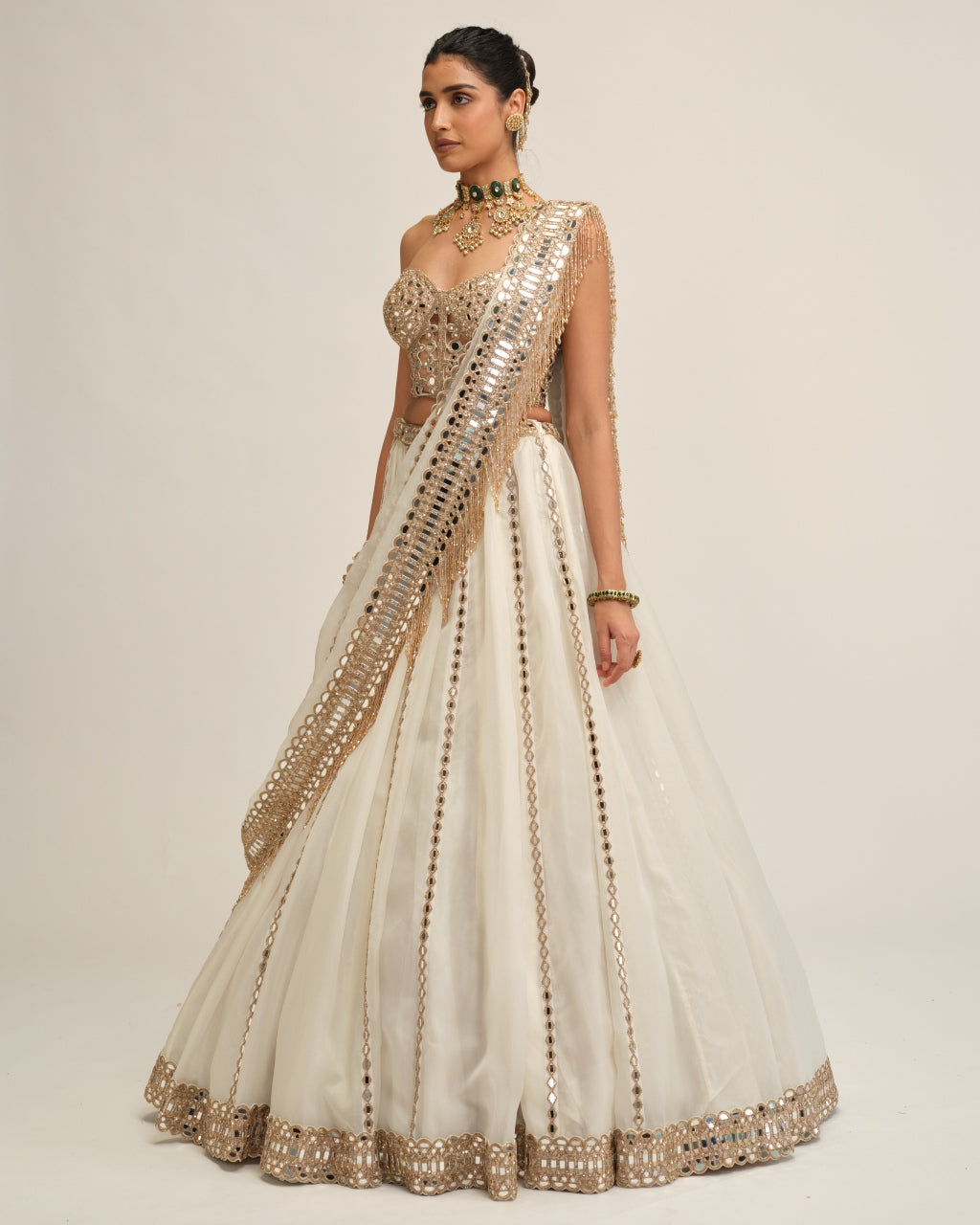 Off White Linear Lehenga With Corset Set