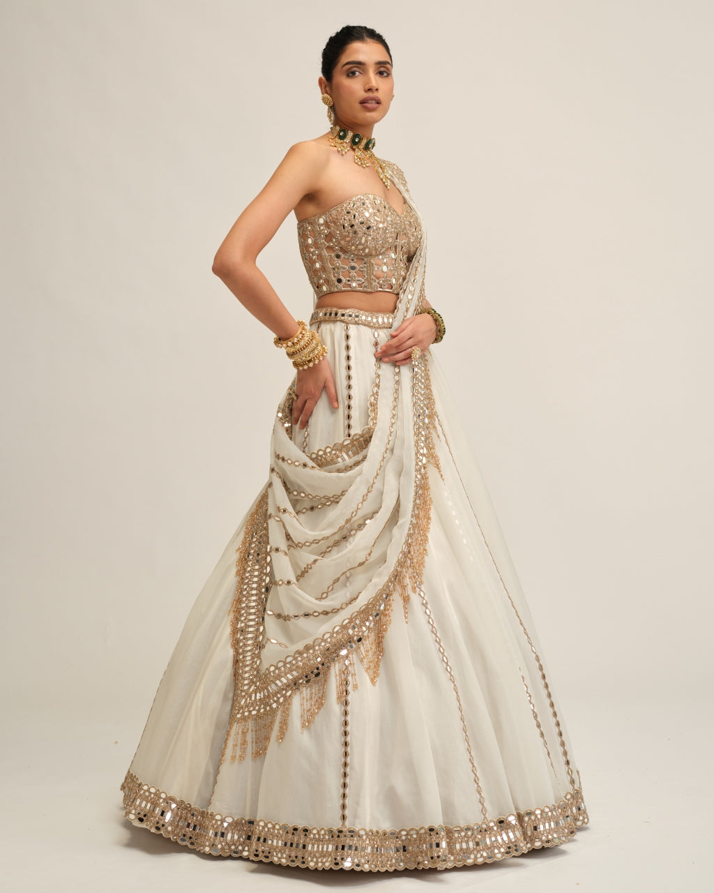 Off White Linear Lehenga With Corset Set