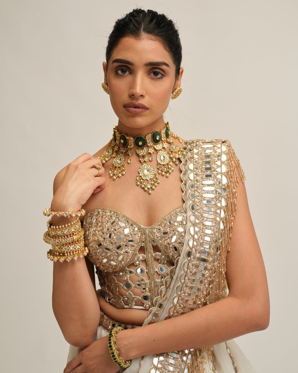Off White Linear Lehenga With Corset Set