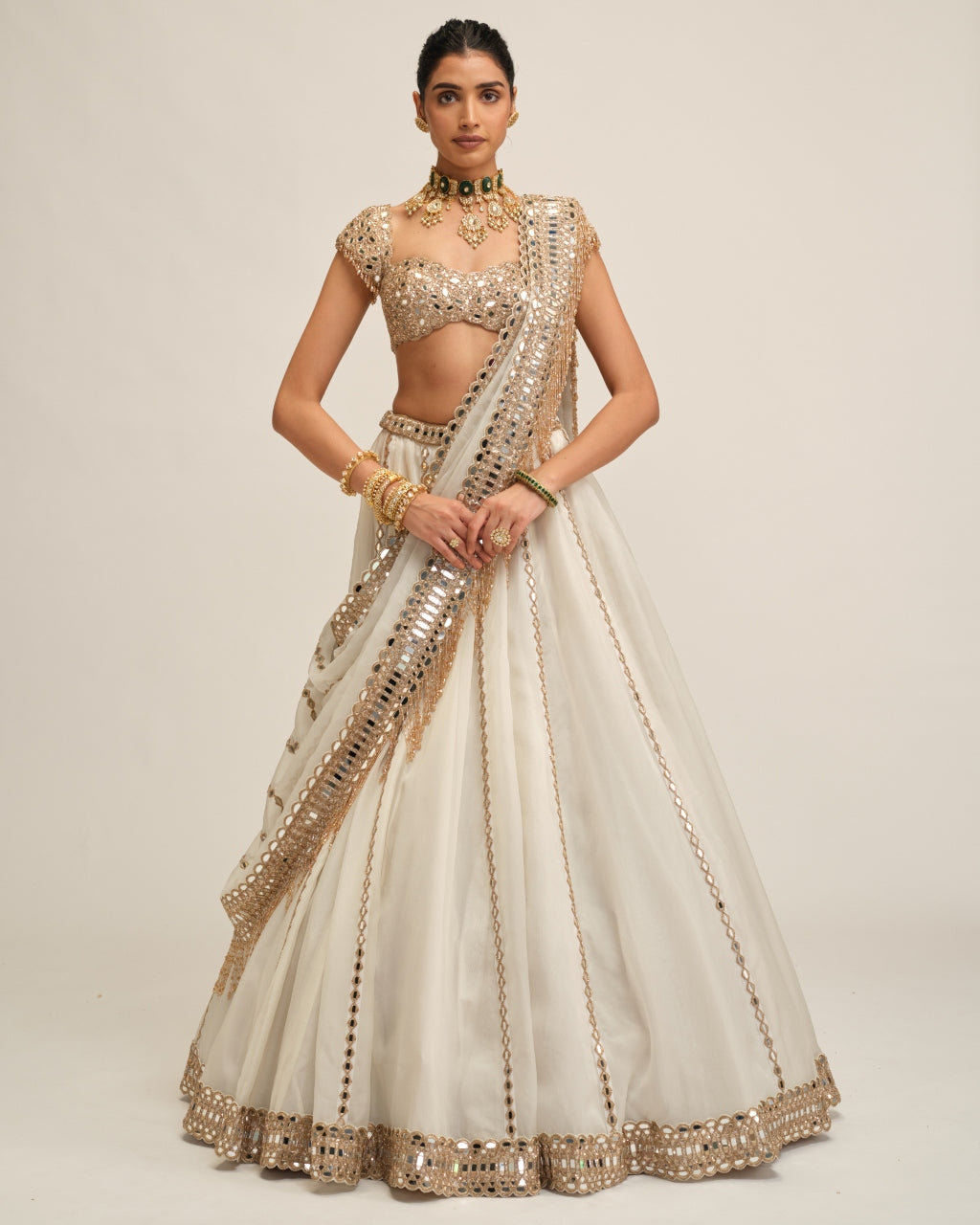 Off White Linear Lehenga Set