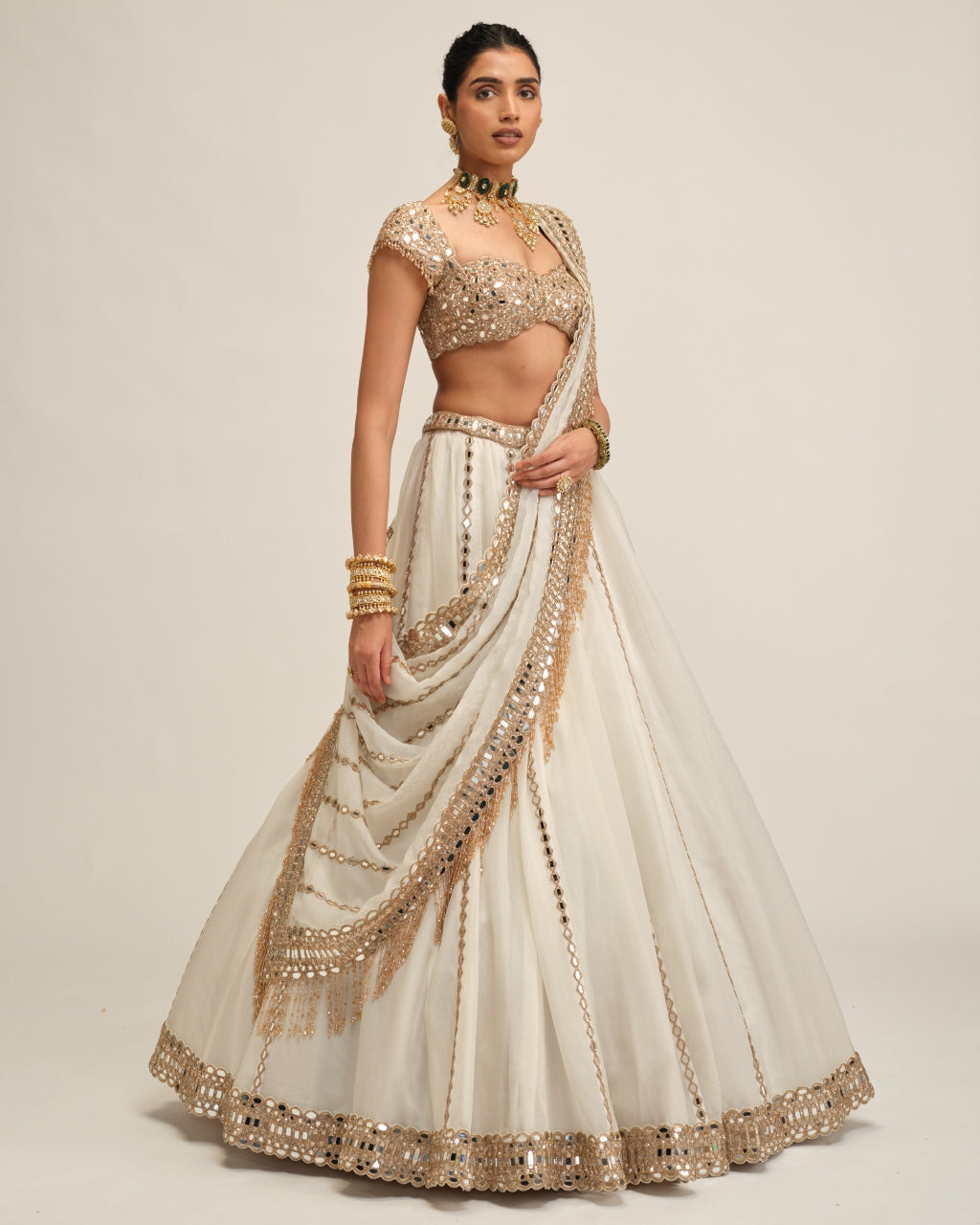 Off White Linear Lehenga Set