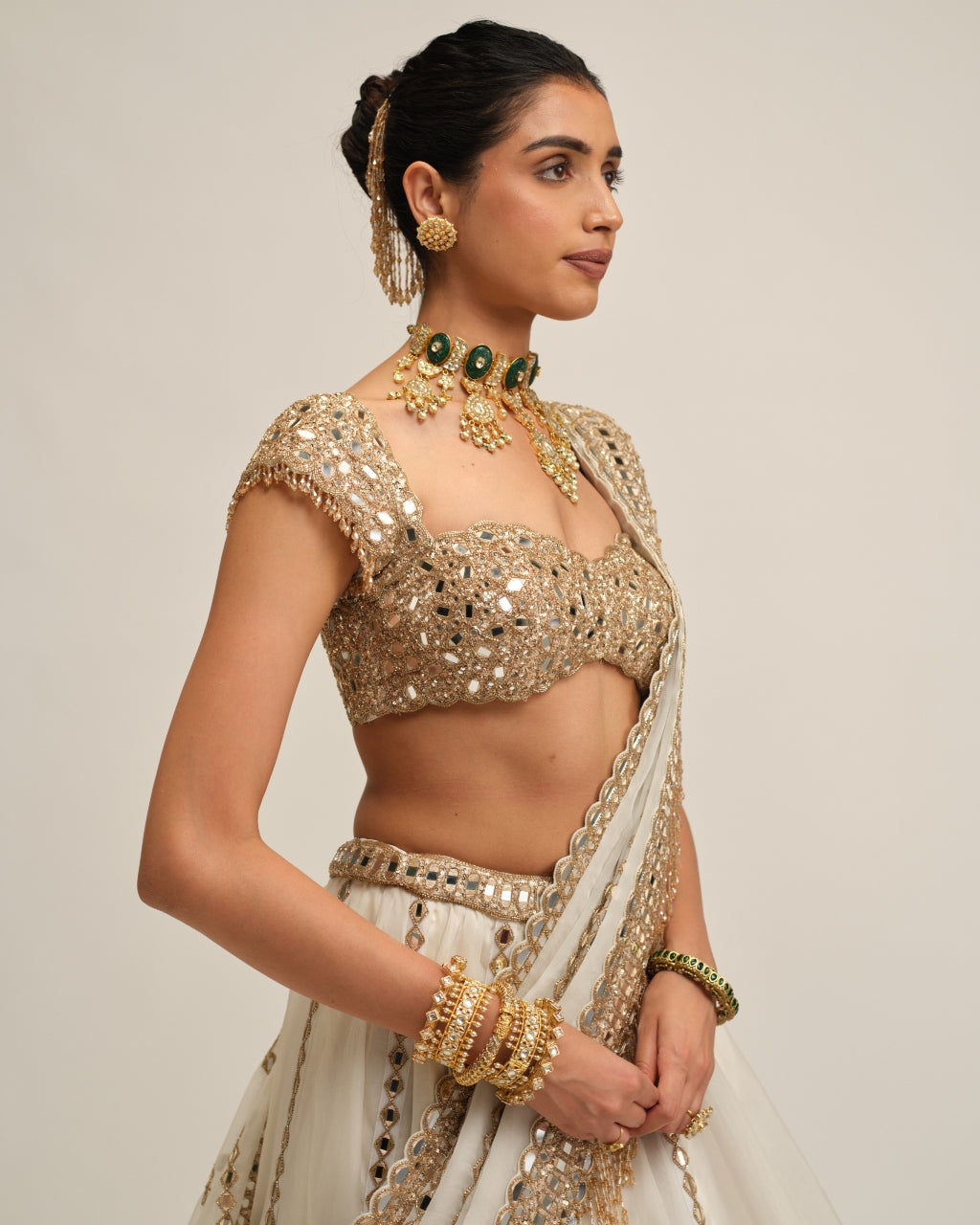 Off White Linear Lehenga Set