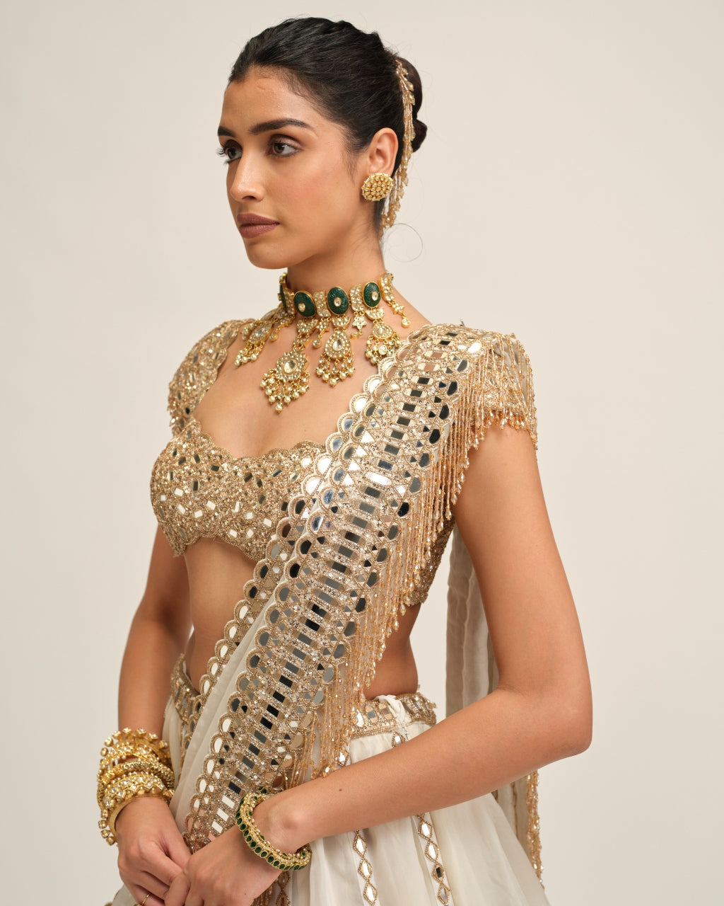Off White Linear Lehenga Set