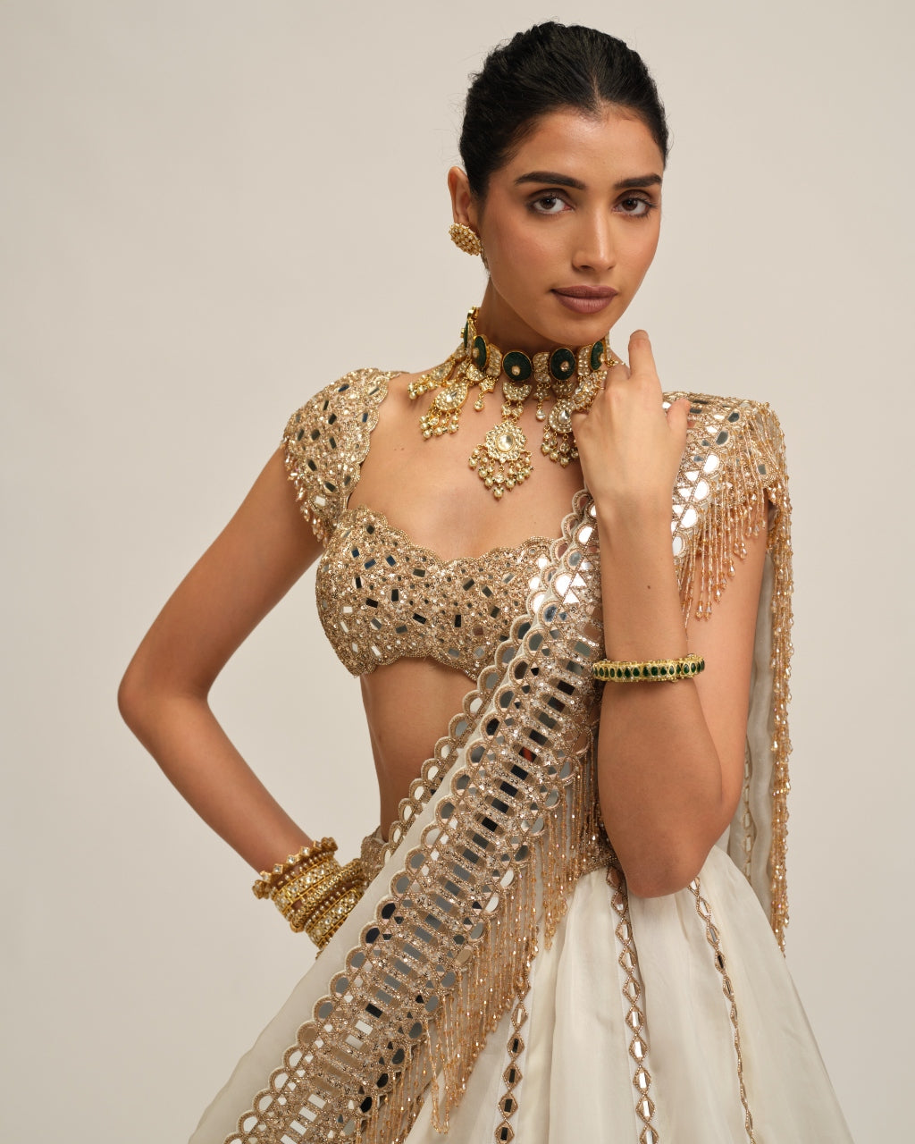 Off White Linear Lehenga Set