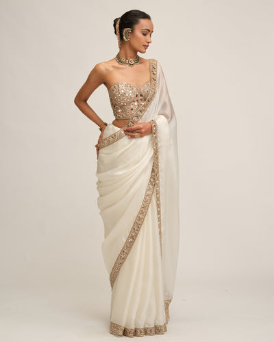 Off White Satin Organza Cutwork Border Sari Set