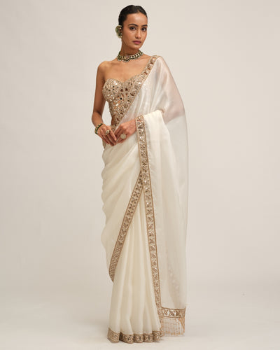 Off White Satin Organza Cutwork Border Sari Set