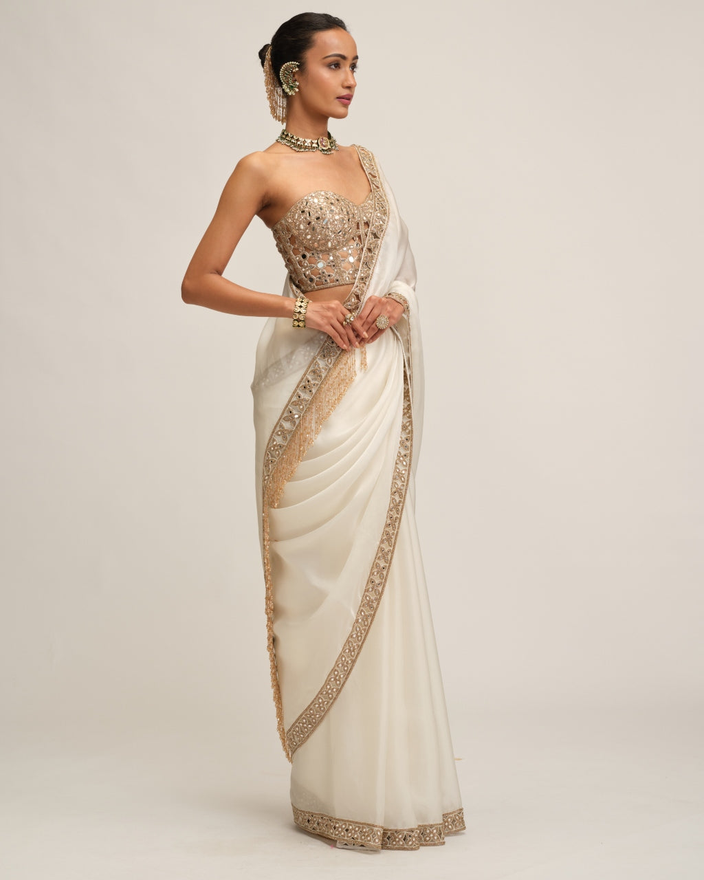 Off White Satin Organza Cutwork Border Sari Set