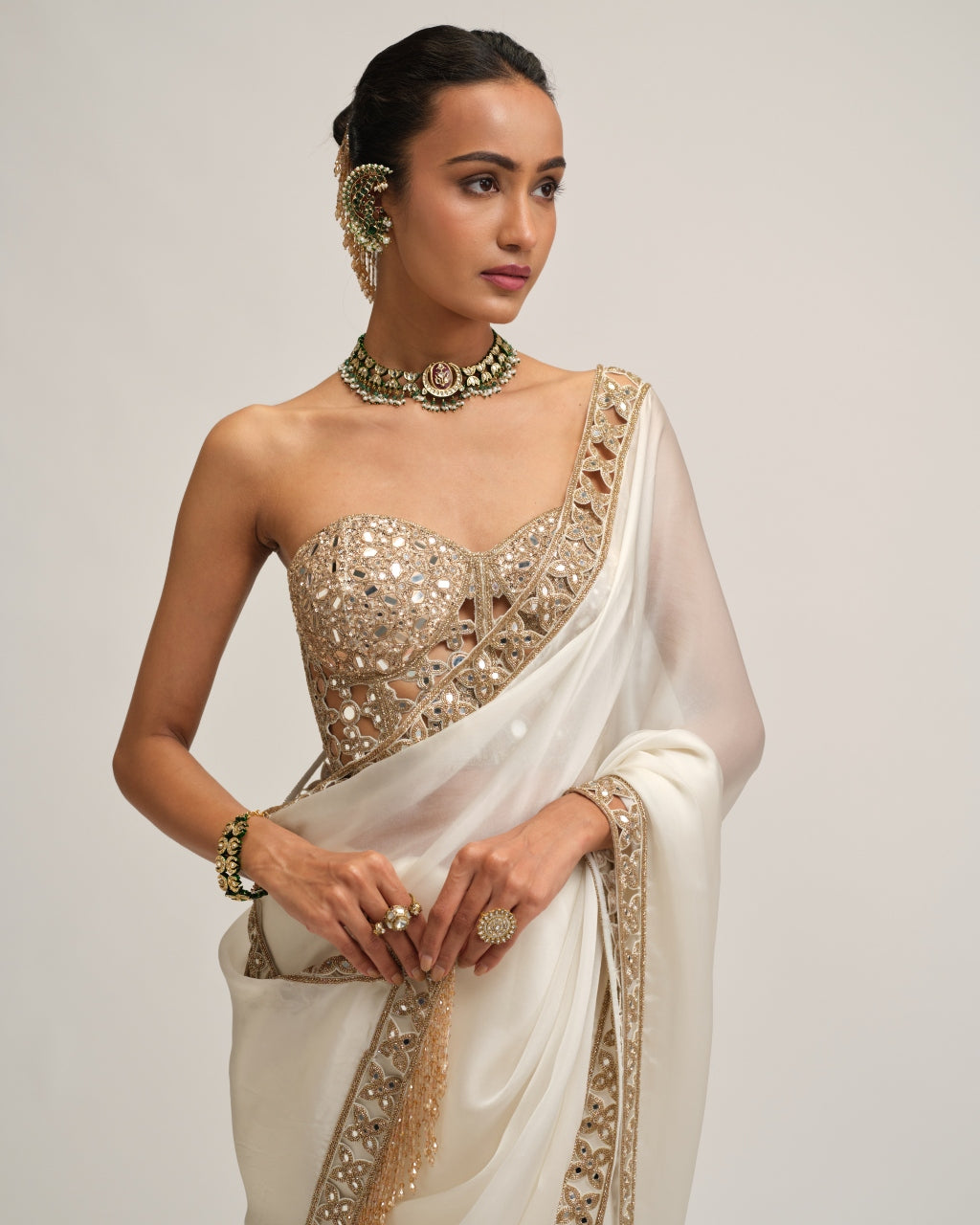 Off White Satin Organza Cutwork Border Sari Set