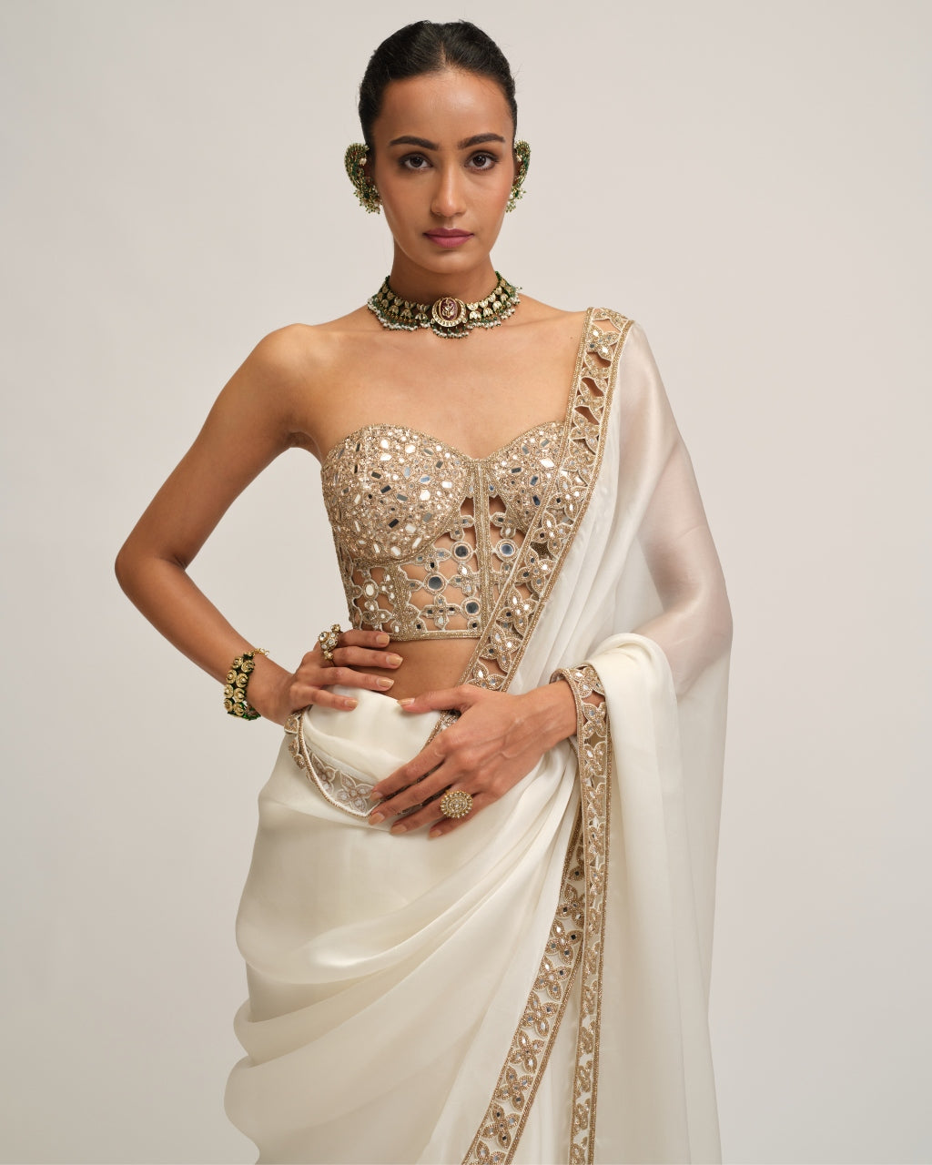 Off White Satin Organza Cutwork Border Sari Set