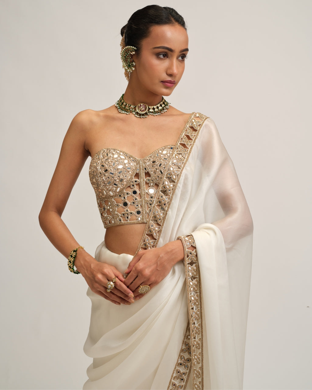 Off White Satin Organza Cutwork Border Sari Set