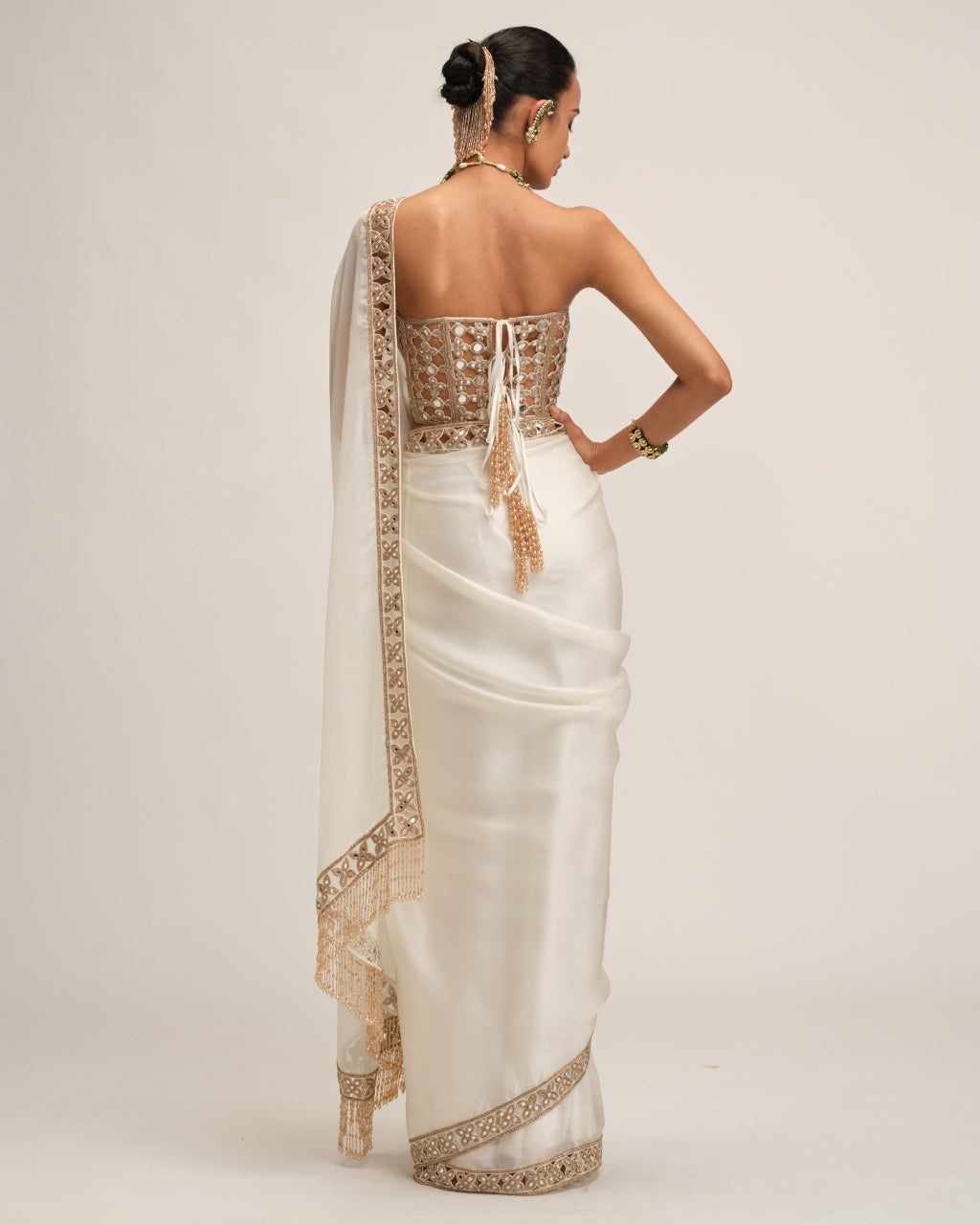 Off White Satin Organza Cutwork Border Sari Set