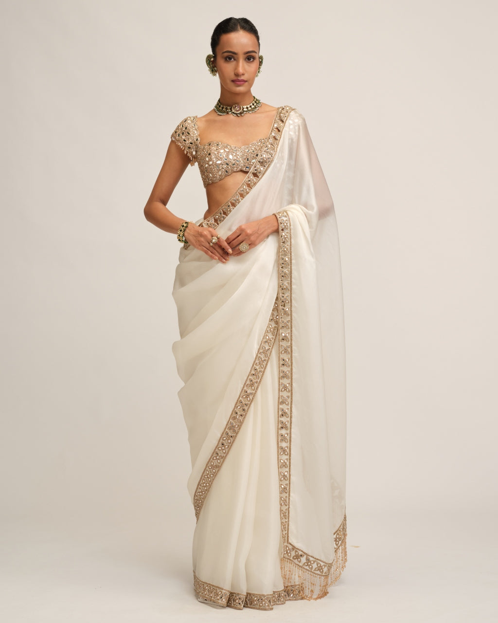 Off White Cutwork Border Sari Set