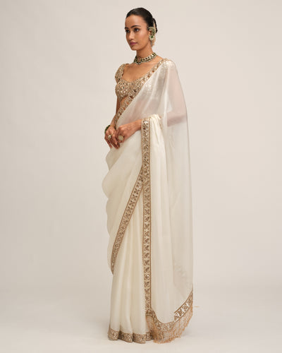 Off White Cutwork Border Sari Set