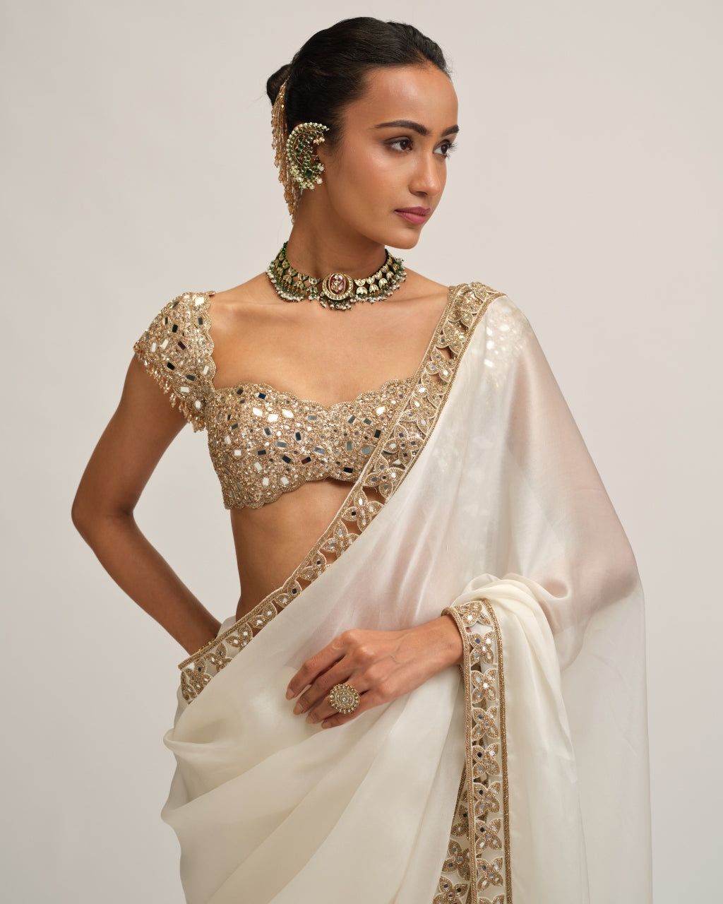 Off White Cutwork Border Sari Set