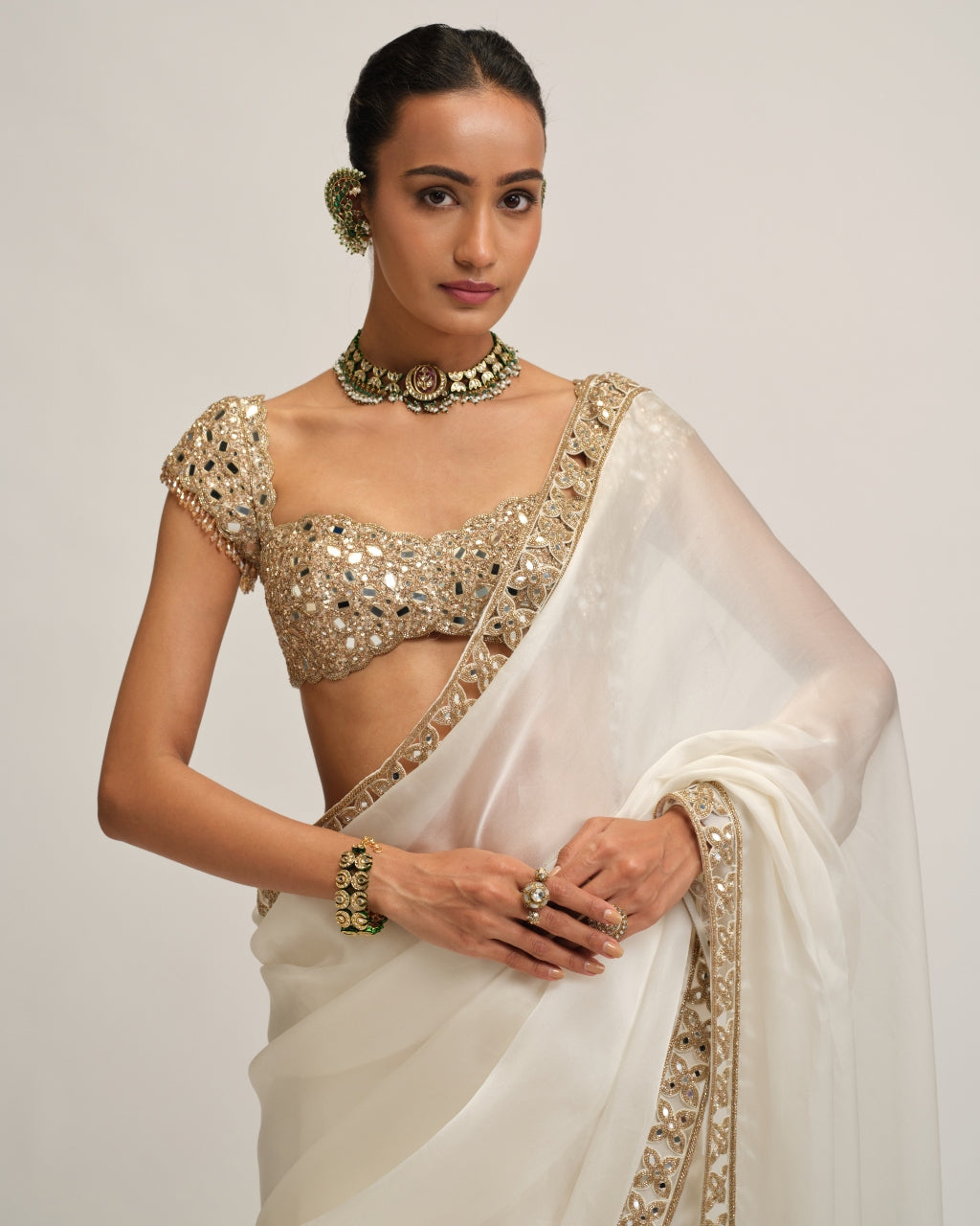 Off White Cutwork Border Sari Set