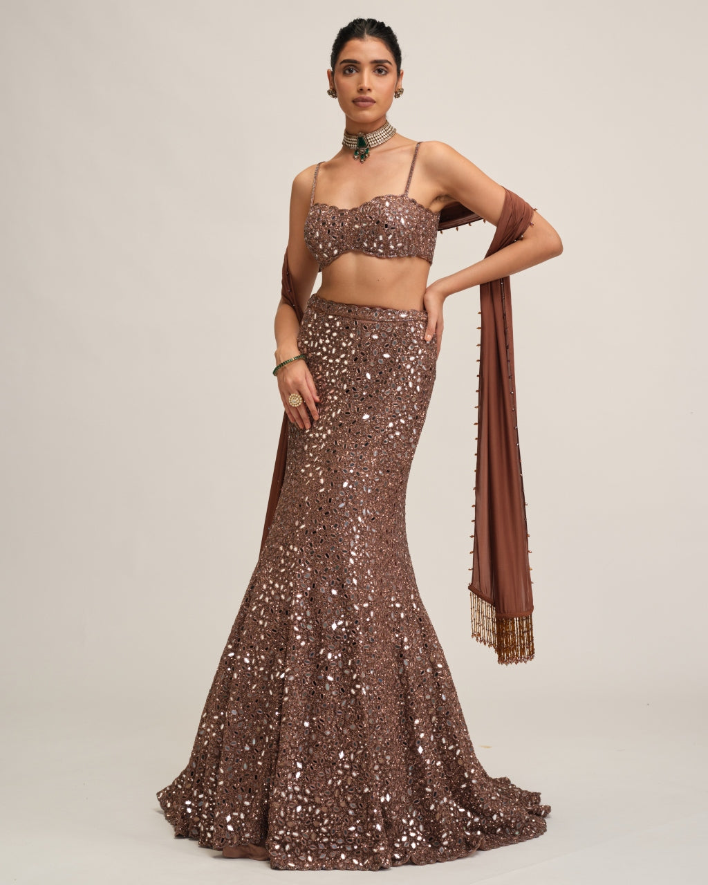 Deep Beige Fishcut Lehenga Set