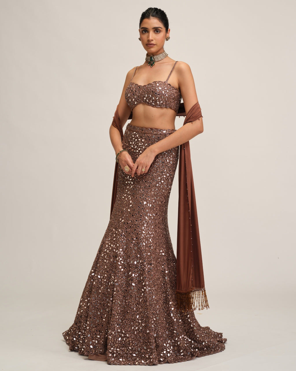 Deep Beige Fishcut Lehenga Set