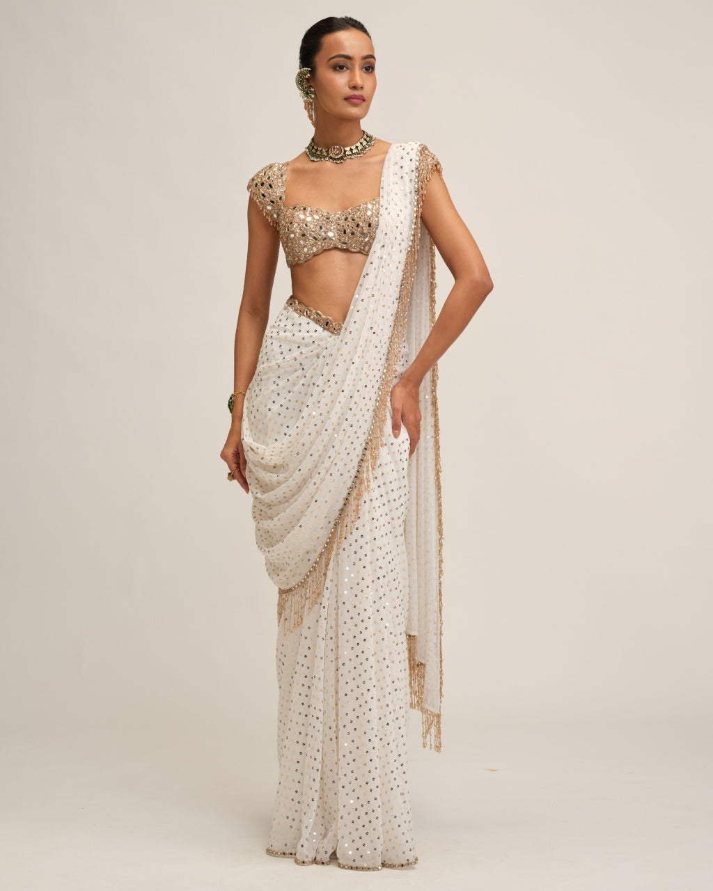 Off White Draped Sari Set
